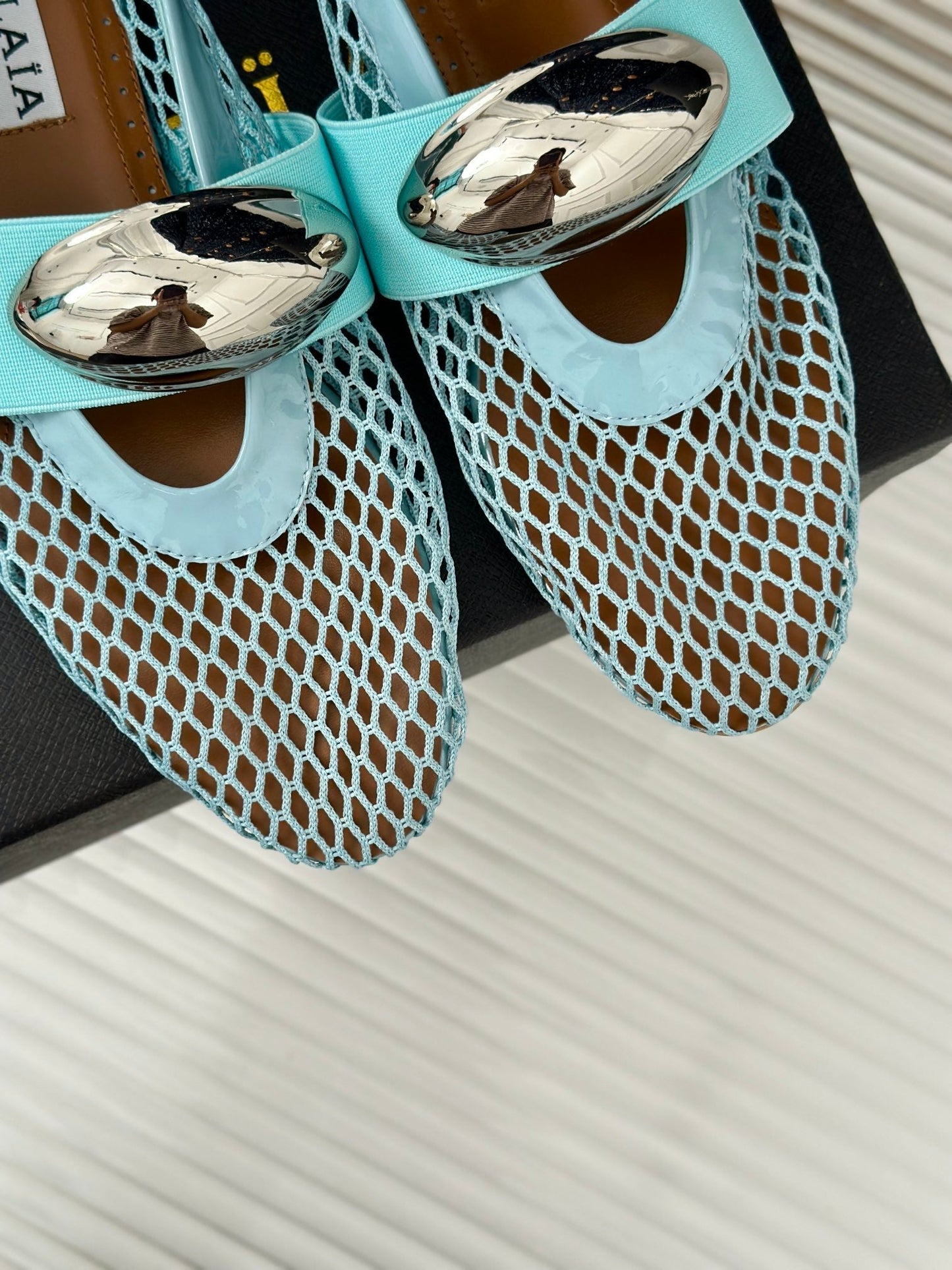 ALAIA MARY JANE SHOES IN SKY BLUE MESH WITH SILVER HARDWARE - 35