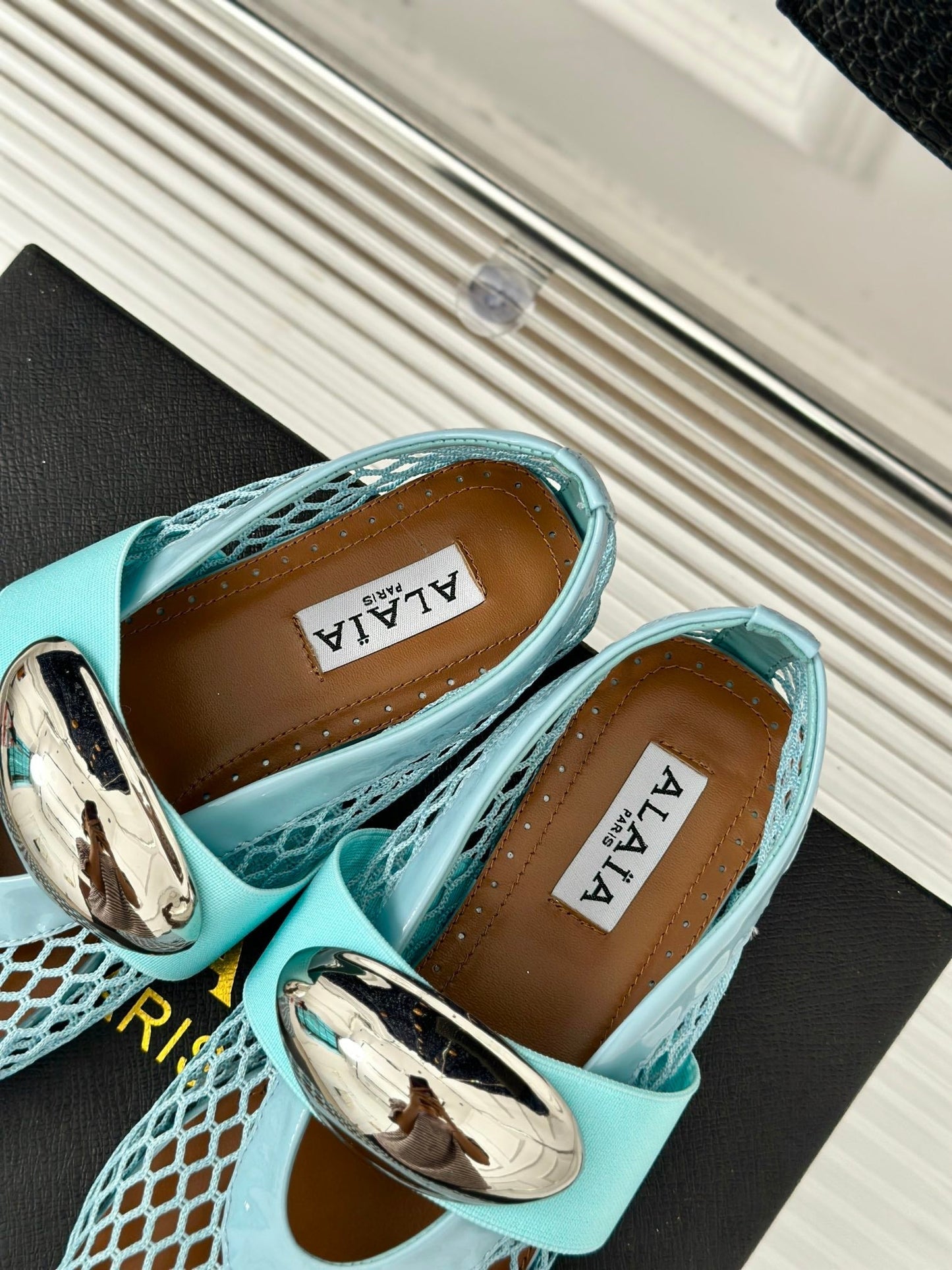 ALAIA MARY JANE SHOES IN SKY BLUE MESH WITH SILVER HARDWARE - 35