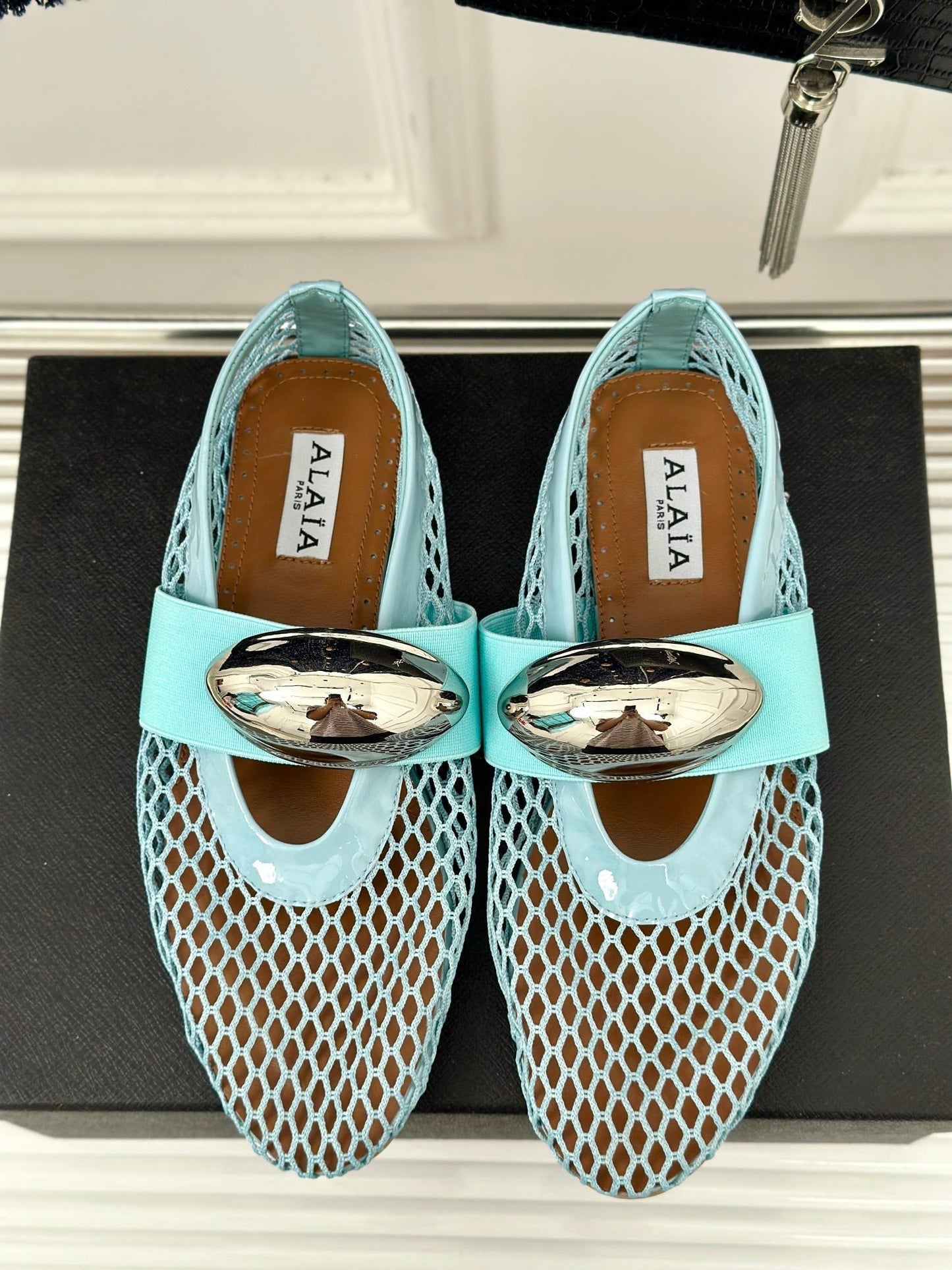 ALAIA MARY JANE SHOES IN SKY BLUE MESH WITH SILVER HARDWARE - 35