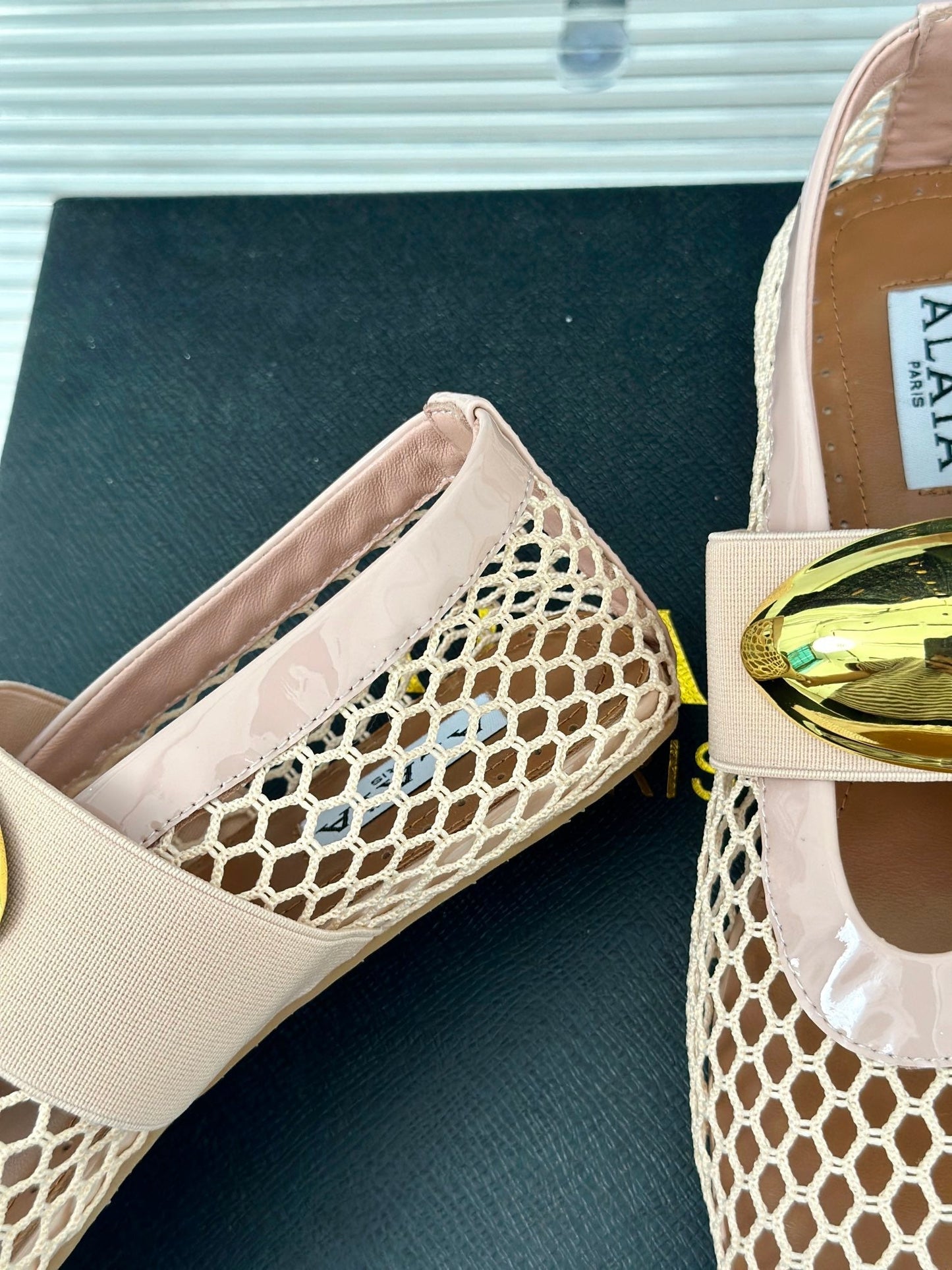ALAIA MARY JANE SHOES IN BEIGE MESH WITH GOLD HARDWARE - 35