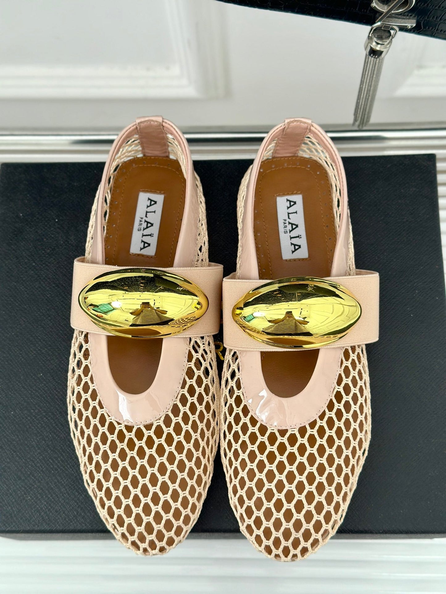 ALAIA MARY JANE SHOES IN BEIGE MESH WITH GOLD HARDWARE - 35