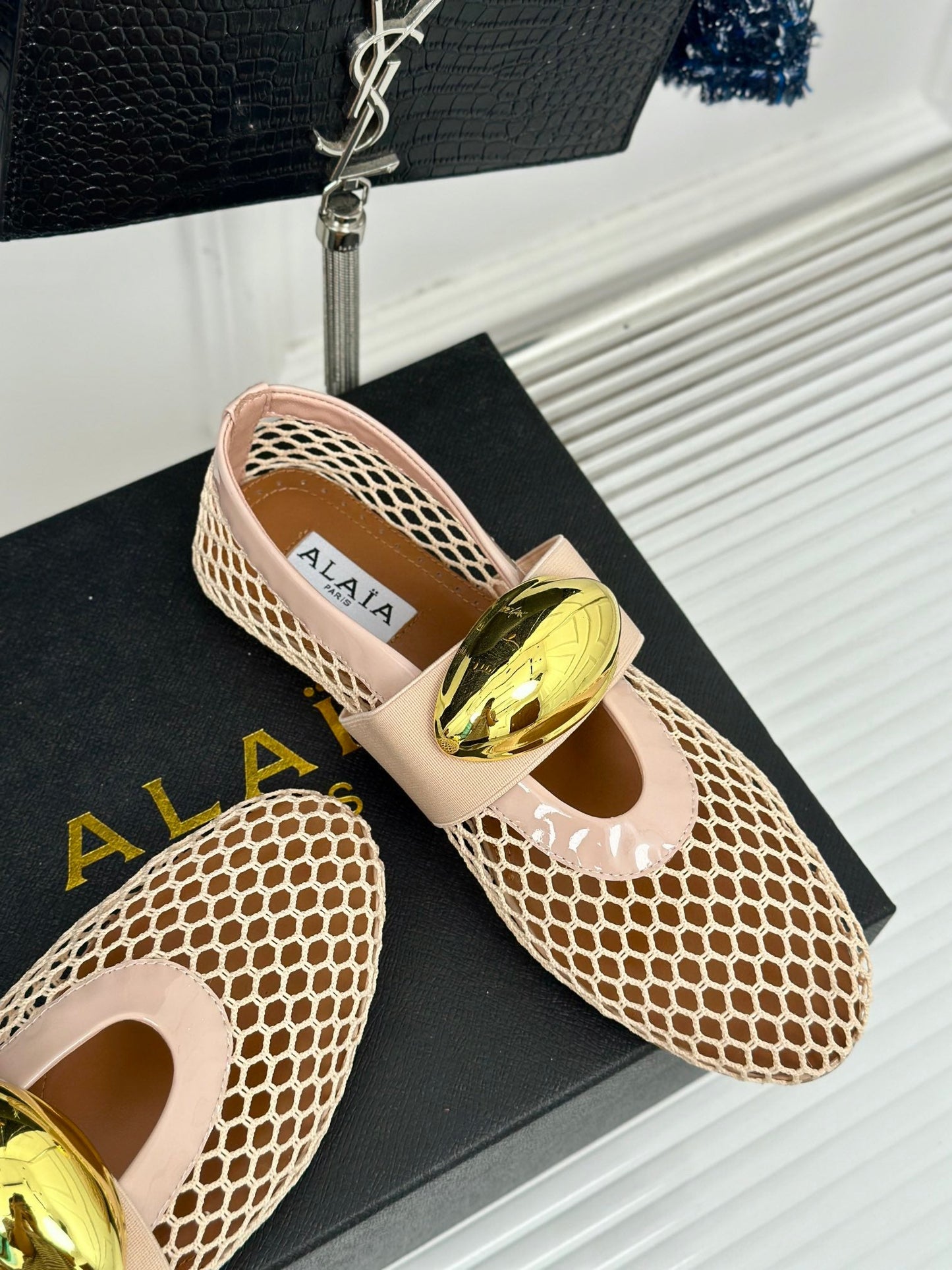 ALAIA MARY JANE SHOES IN BEIGE MESH WITH GOLD HARDWARE - 35