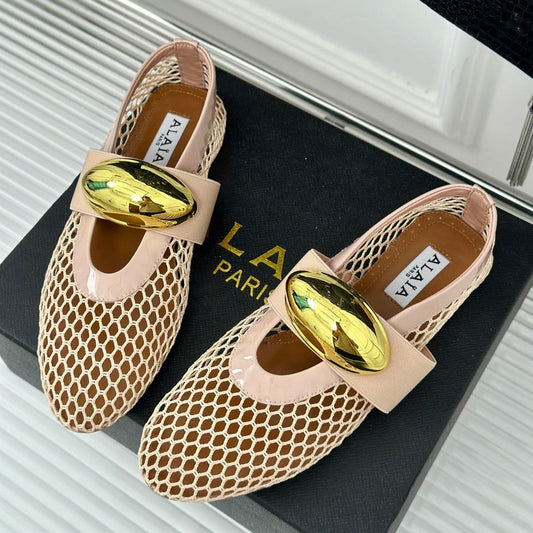 ALAIA MARY JANE SHOES IN BEIGE MESH WITH GOLD HARDWARE - 35