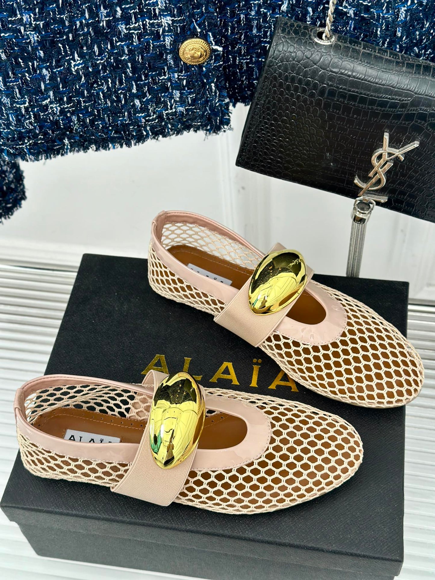 ALAIA MARY JANE SHOES IN BEIGE MESH WITH GOLD HARDWARE - 35