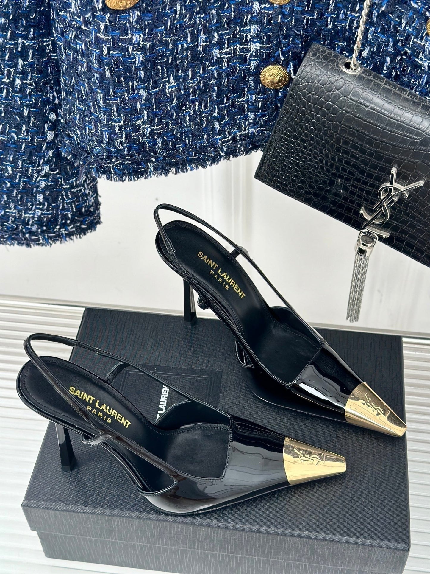 SL JEANNE SLINGBACK PUMPS BLACK POLISHED CALFSKIN - 35
