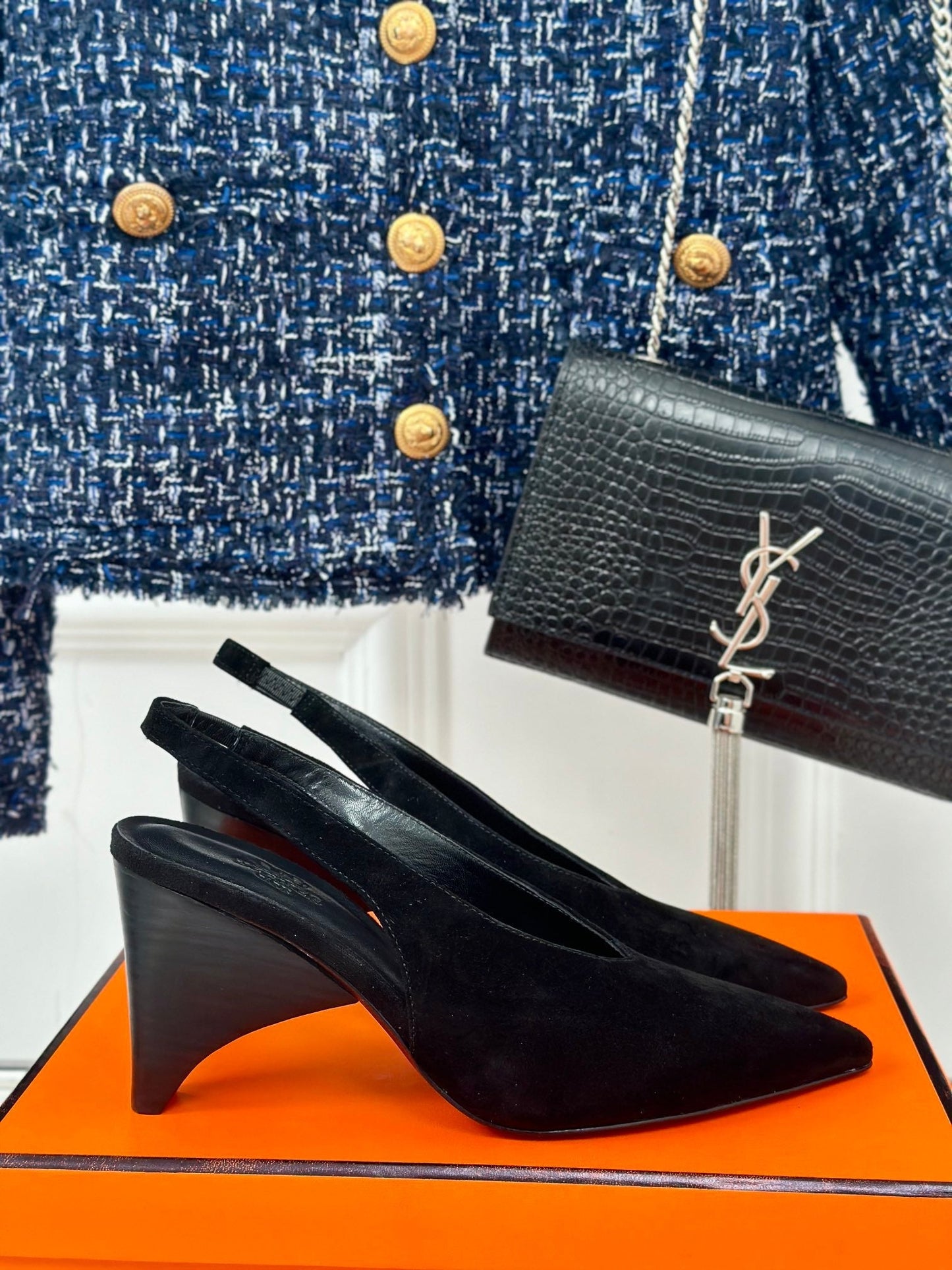 HIGH HEEL 75 MM POINTED- TOE SANDAL IN BLACK SUEDE - 35