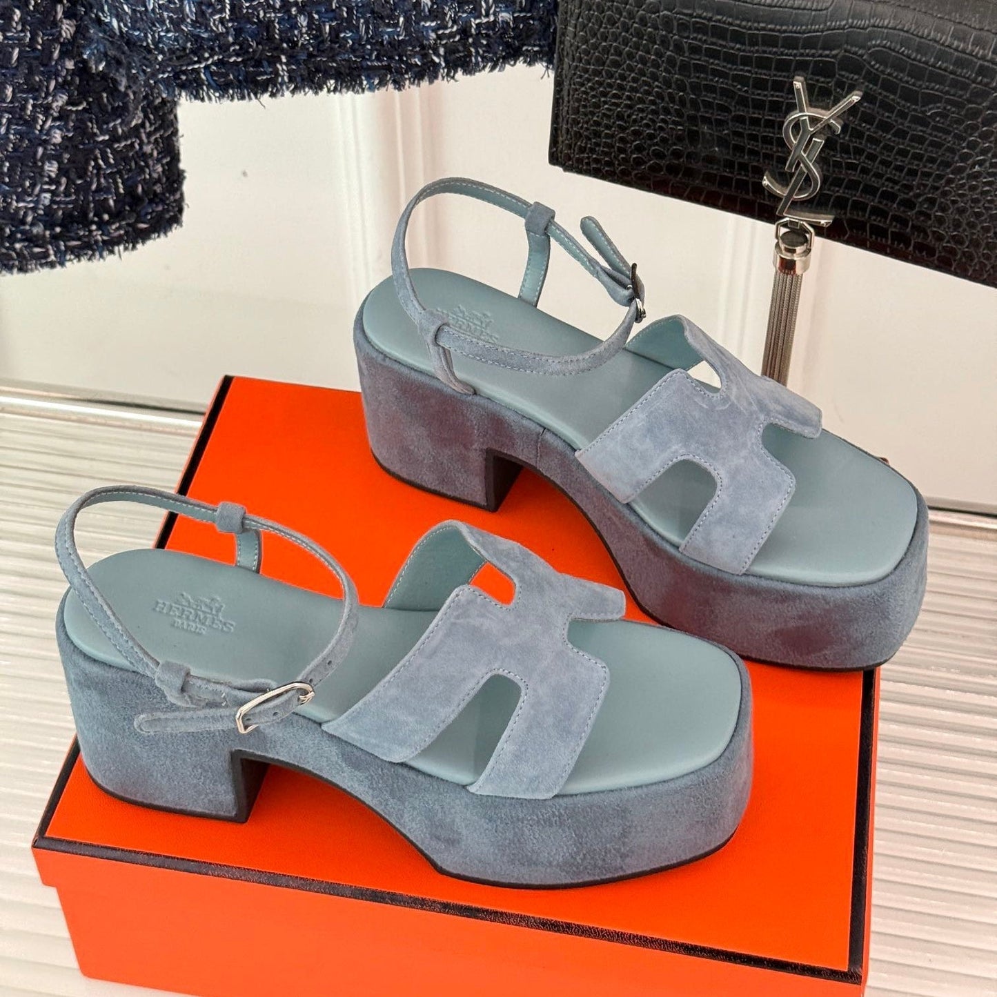 HM 25S JAM 30 HIGH-HEEL SANDAL IN STEEL BLUE GRAY SUEDE - 35
