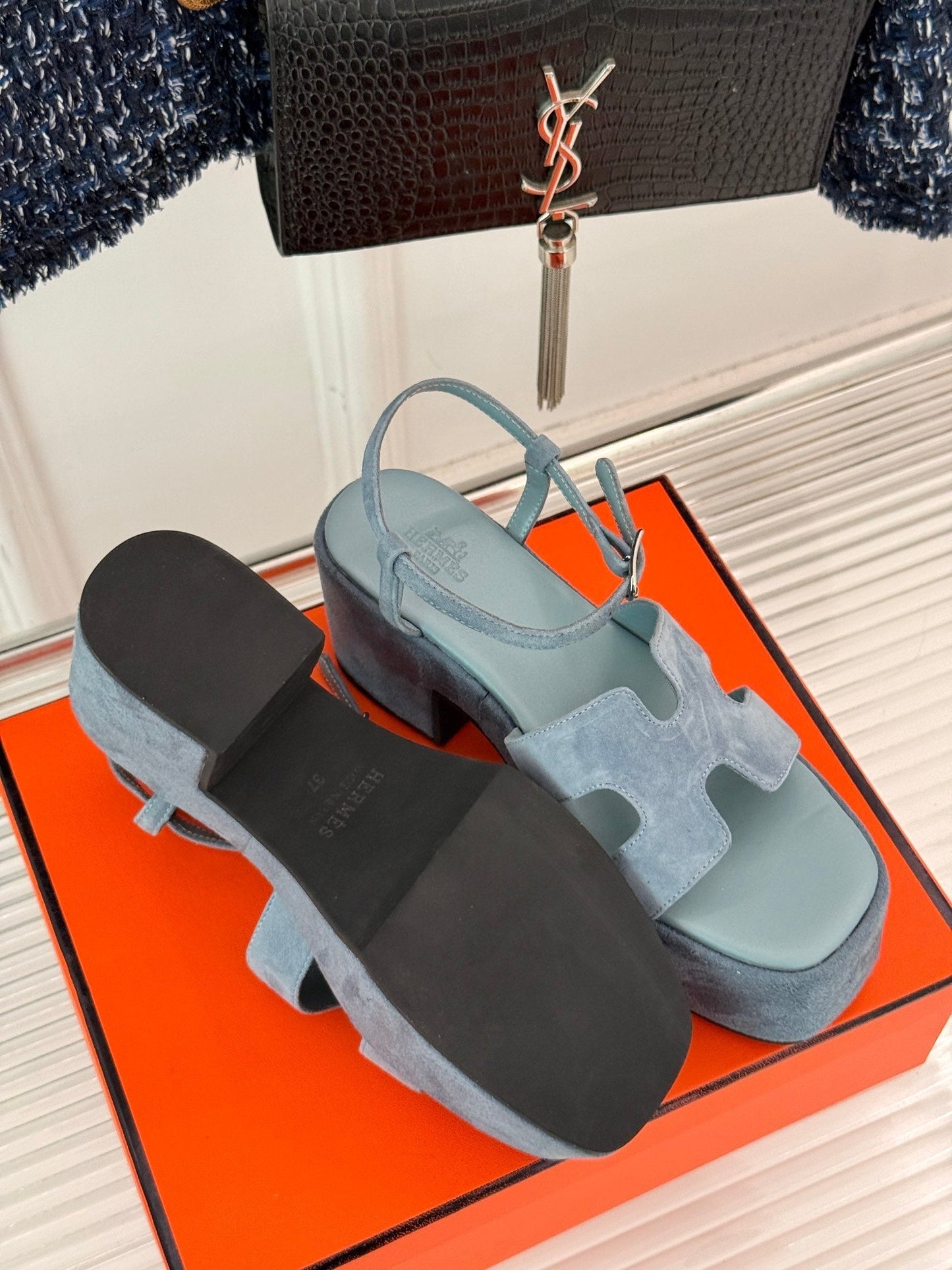 HM 25S JAM 30 HIGH-HEEL SANDAL IN STEEL BLUE GRAY SUEDE - 35