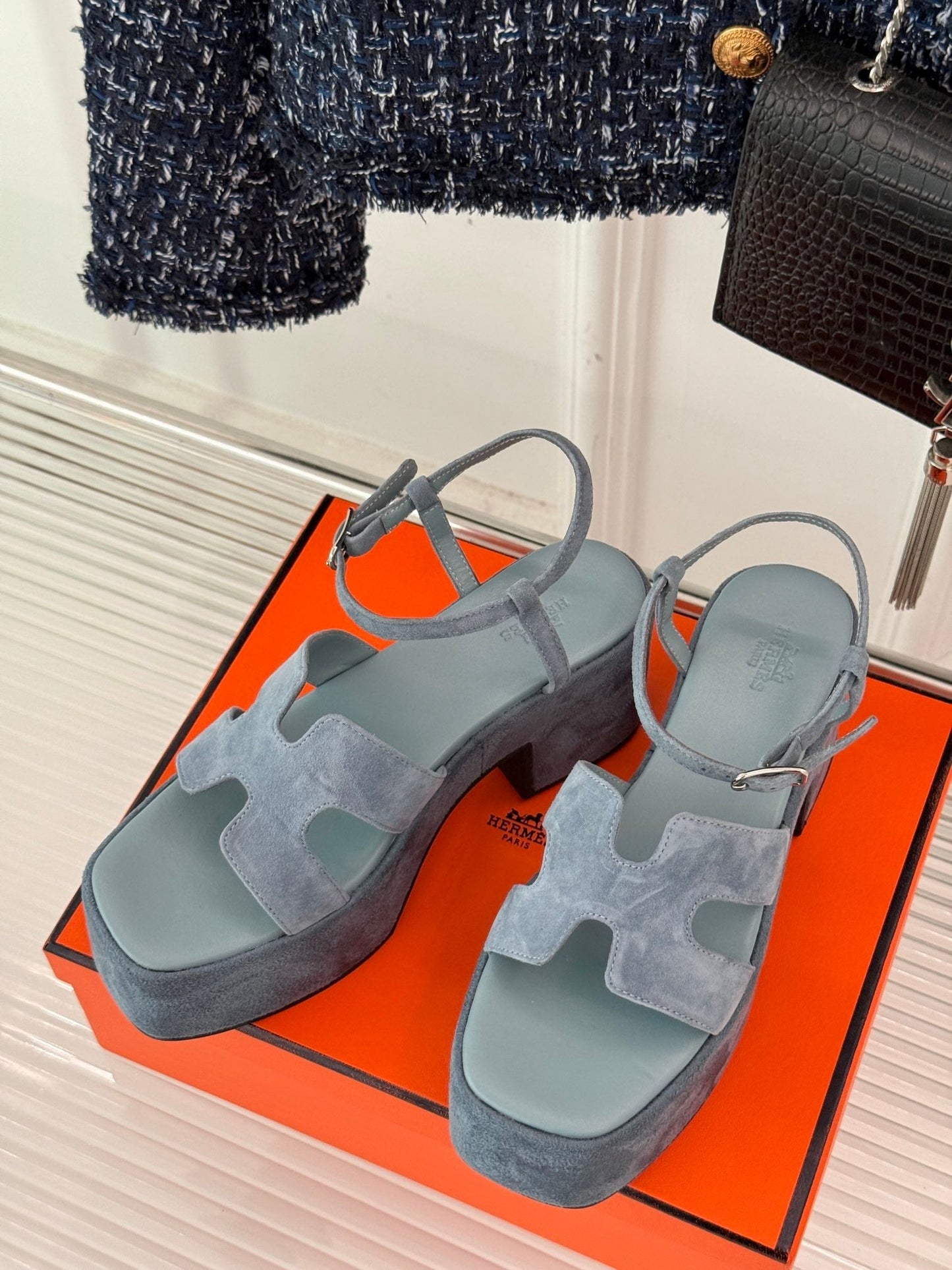 HM 25S JAM 30 HIGH-HEEL SANDAL IN STEEL BLUE GRAY SUEDE - 35