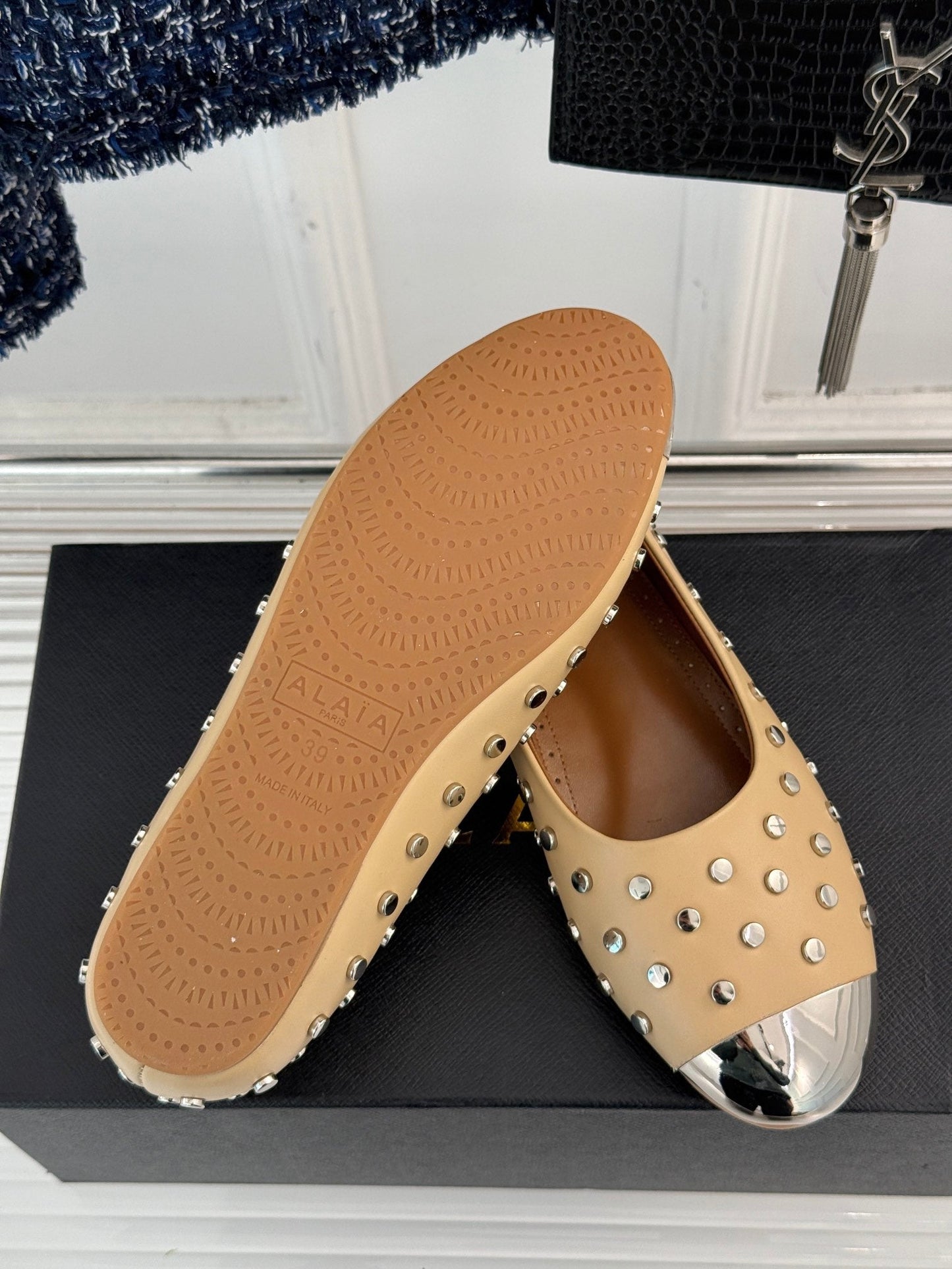STUD-EMBELLISHED BALLET FLATS IN SEPIA TAN CALFSKIN - 35