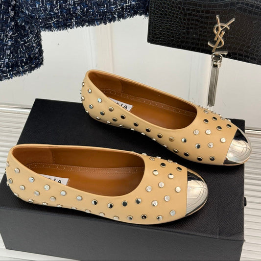 STUD-EMBELLISHED BALLET FLATS IN SEPIA TAN CALFSKIN - 35