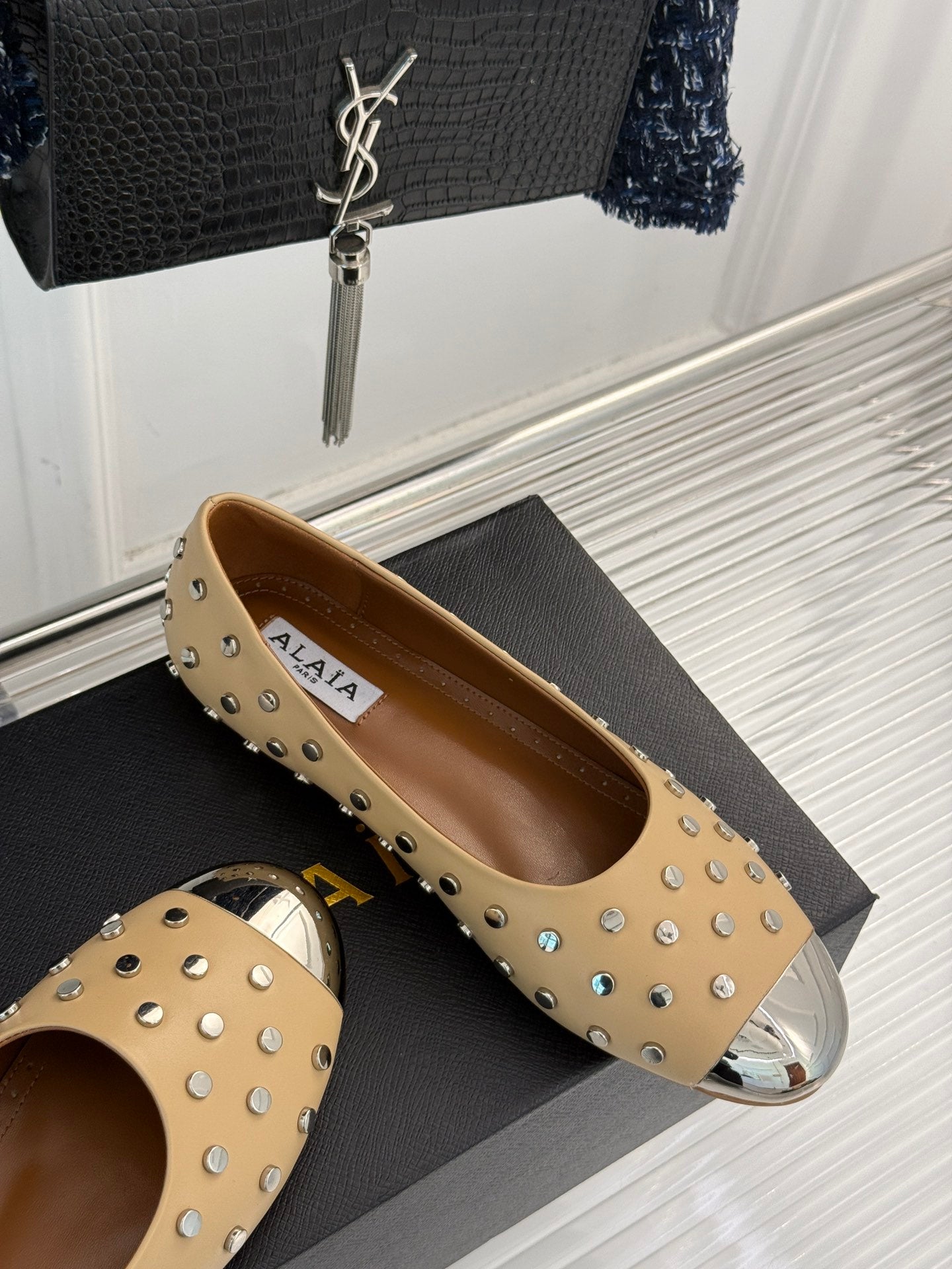 STUD-EMBELLISHED BALLET FLATS IN SEPIA TAN CALFSKIN - 35