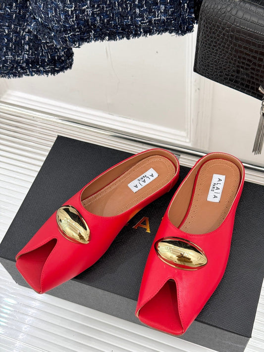 ALAIA FLAT MULE IN CRIMSON RED LAMBSKIN WITH GOLD HARDWARE - 35