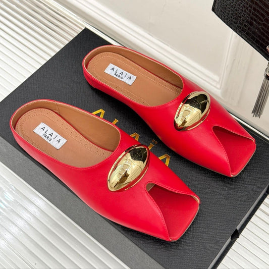 ALAIA FLAT MULE IN CRIMSON RED LAMBSKIN WITH GOLD HARDWARE - 35