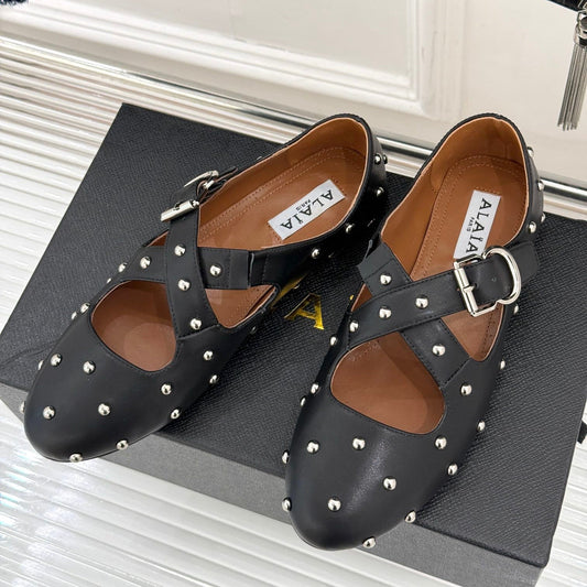 CROSSED STRAP BALLET FLATS IN BLACK CALFSKIN - 35