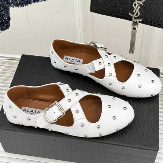 CROSSED STRAP BALLET FLATS IN WHITE CALFSKIN - 35