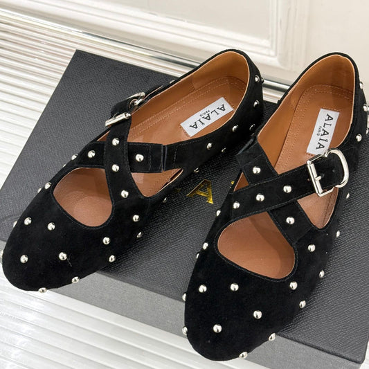 CROSSED STRAP BALLET FLATS IN BLACK SUEDE - 35