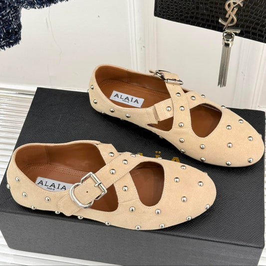 CROSSED STRAP BALLET FLATS IN TUSCAN BEIGE SUEDE - 35