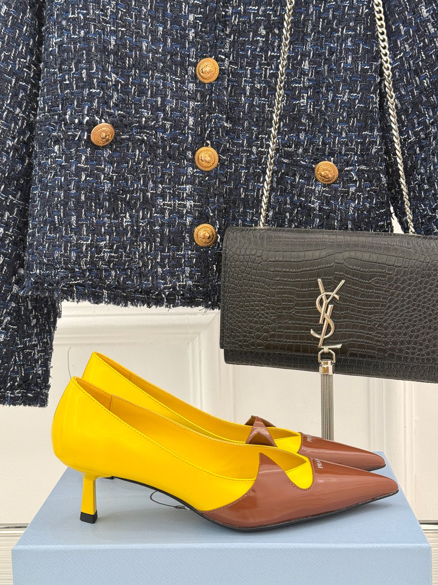 KITTEN HEEL PUMPS IN YELLOW MIX BROWN ORANGE CALFSKIN - 35