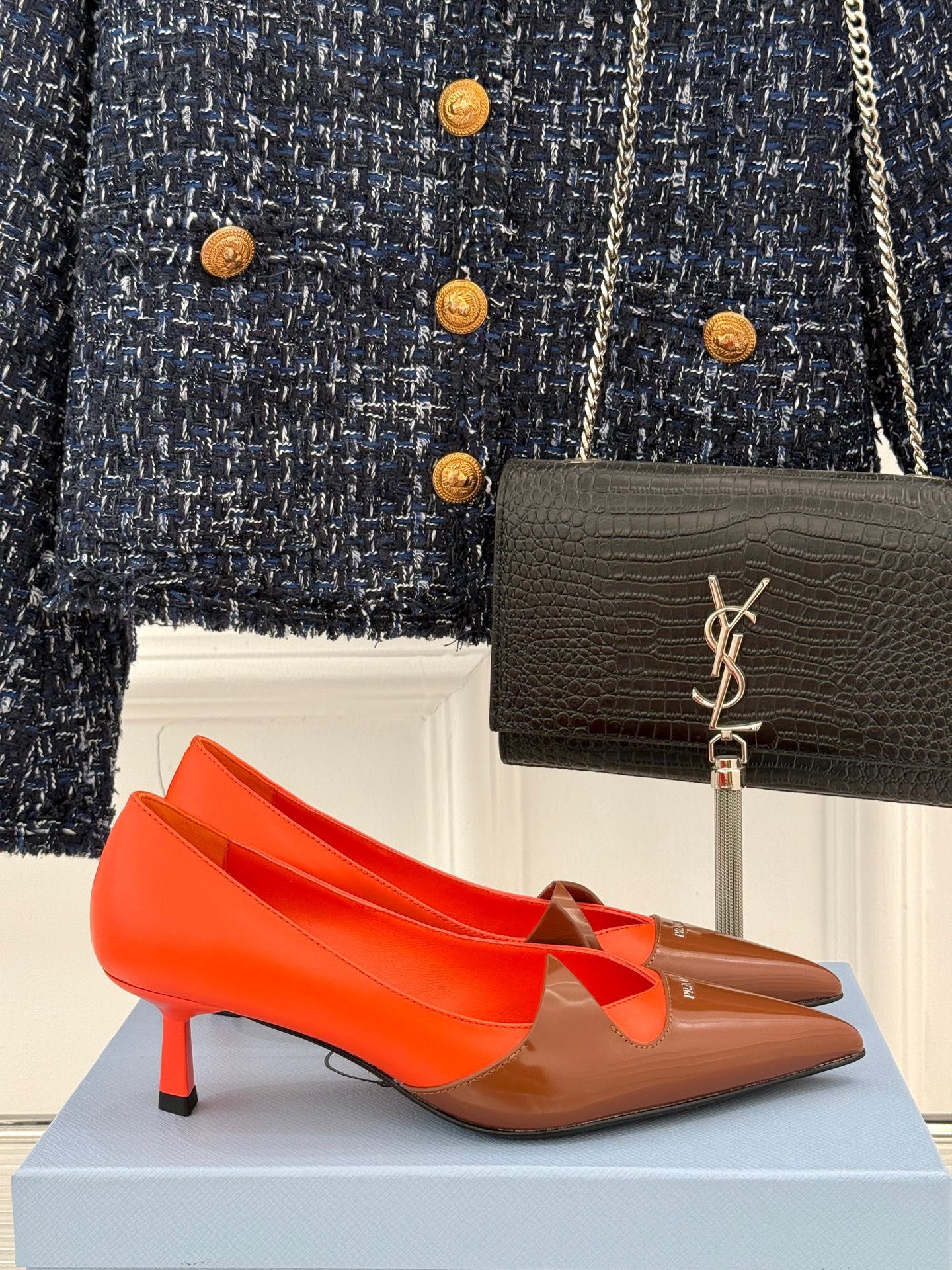 KITTEN HEEL PUMPS IN BROWN MIX ORANGE CALFSKIN - 35