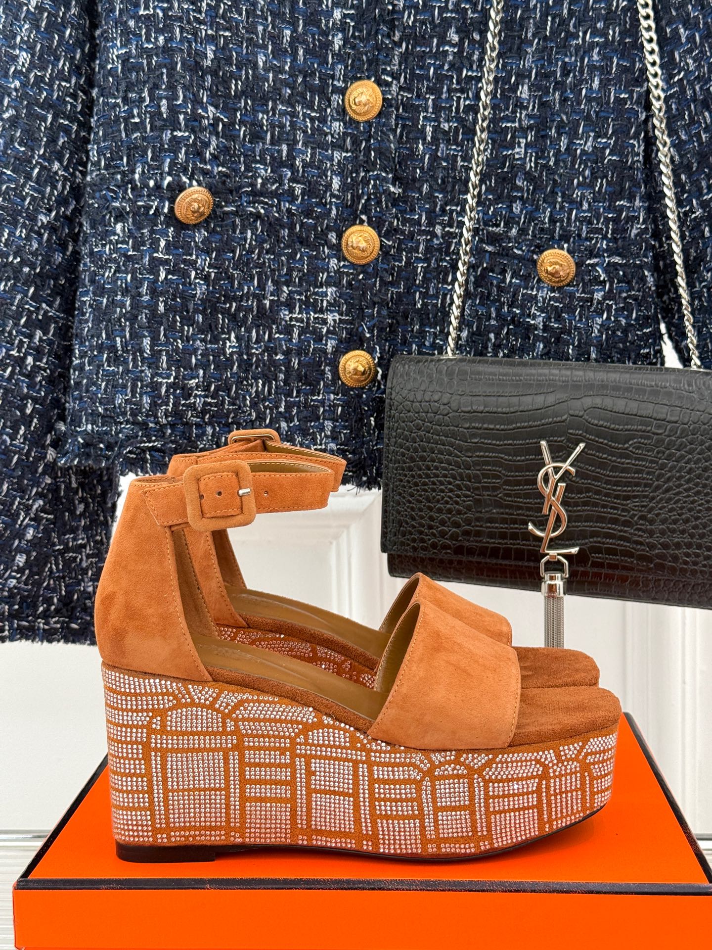 ILLUSION 35 SANDAL IN VIVID ORANGE SUEDE WITH RHINESTONE DETAILS - 35