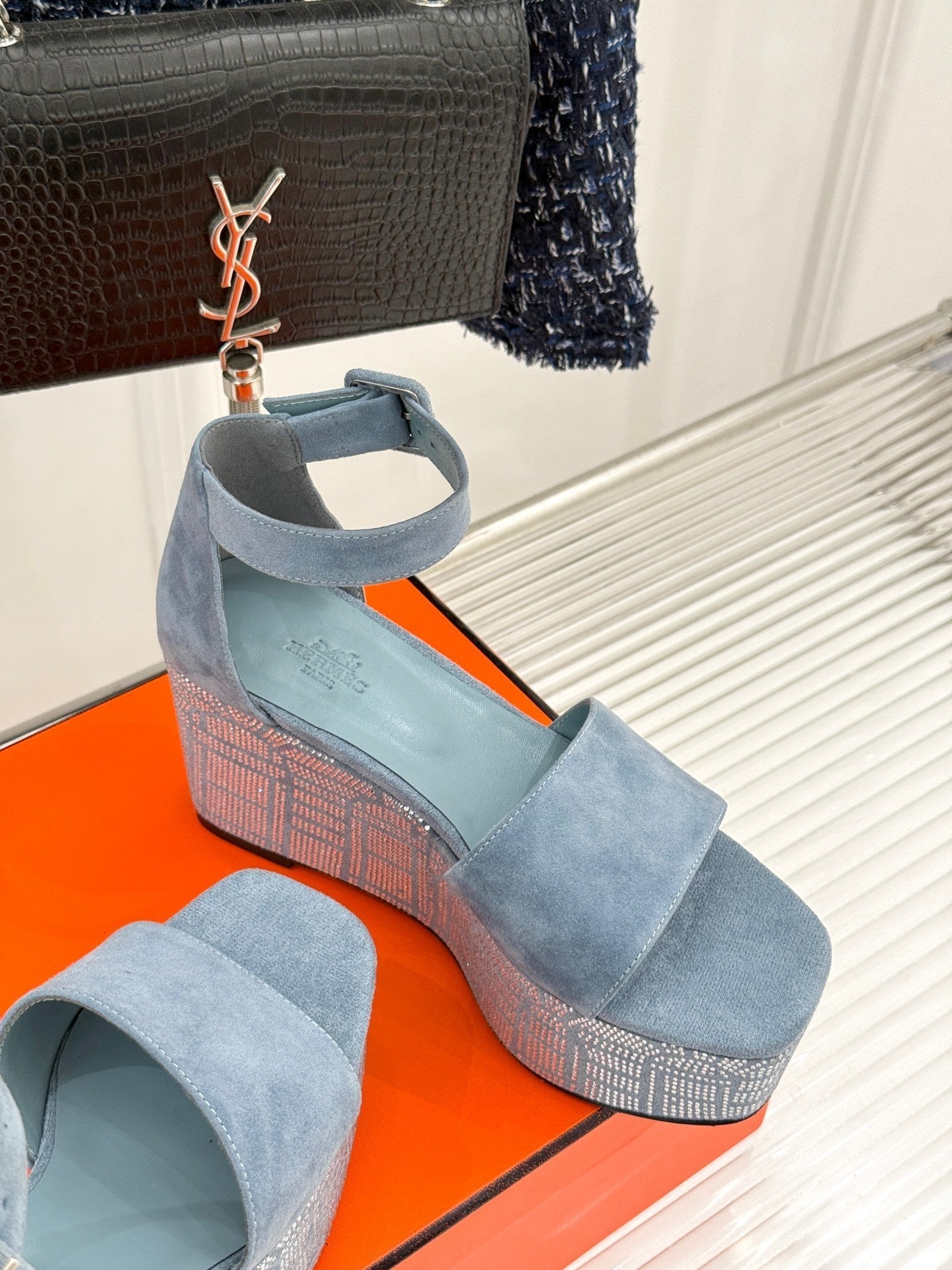 ILLUSION 35 SANDAL IN LIGHT BLUE SUEDE WITH RHINESTONE DETAILS - 35