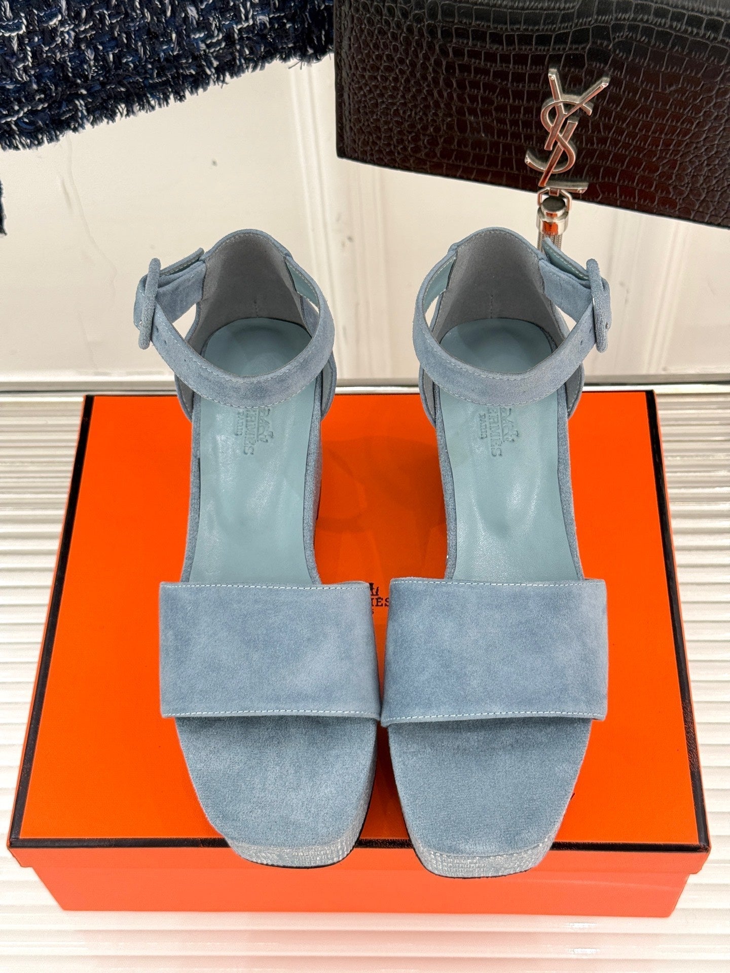 ILLUSION 35 SANDAL IN LIGHT BLUE SUEDE WITH RHINESTONE DETAILS - 35
