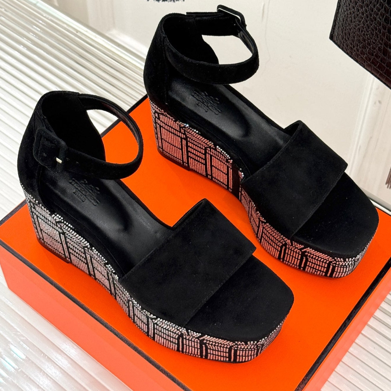 ILLUSION 35 SANDAL IN BLACK SUEDE WITH RHINESTONE DETAILS - 35