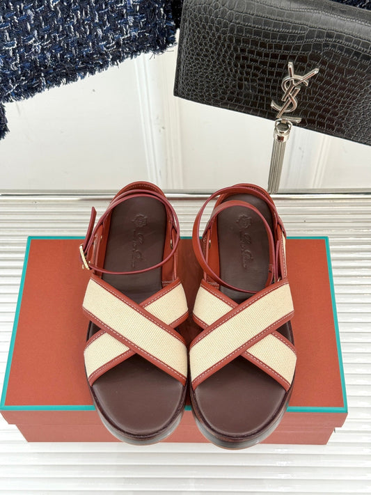 SANDALS THICK SOLE CROSS STRAP IN BEIGE FABRIC AND ORANGE CALFSKIN - 35