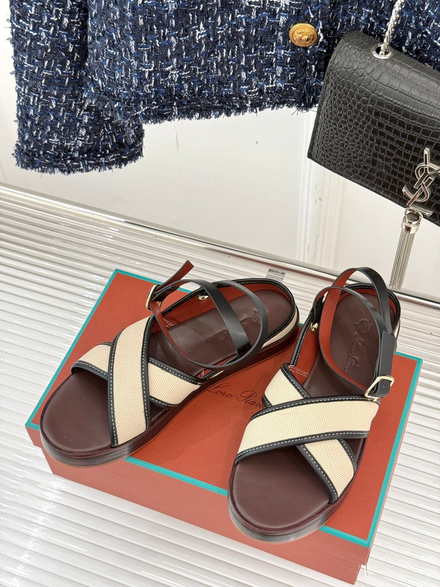 SANDALS THICK SOLE CROSS STRAP IN BEIGE FABRIC AND BROWN CALFSKIN - 35