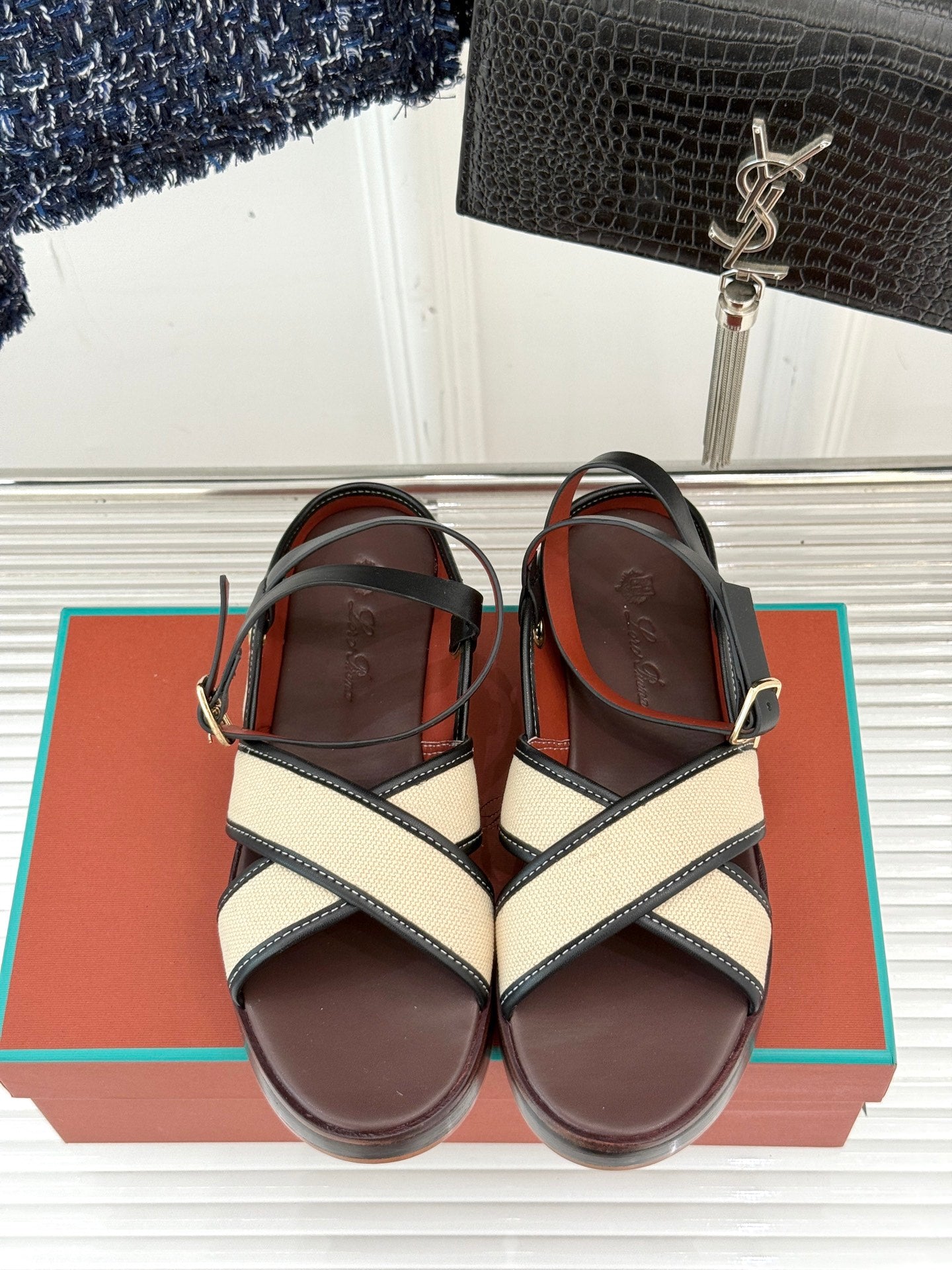 SANDALS THICK SOLE CROSS STRAP IN BEIGE FABRIC AND BROWN CALFSKIN - 35
