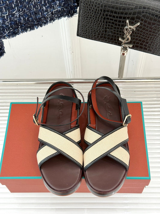 SANDALS THICK SOLE CROSS STRAP IN BEIGE FABRIC AND BROWN CALFSKIN - 35