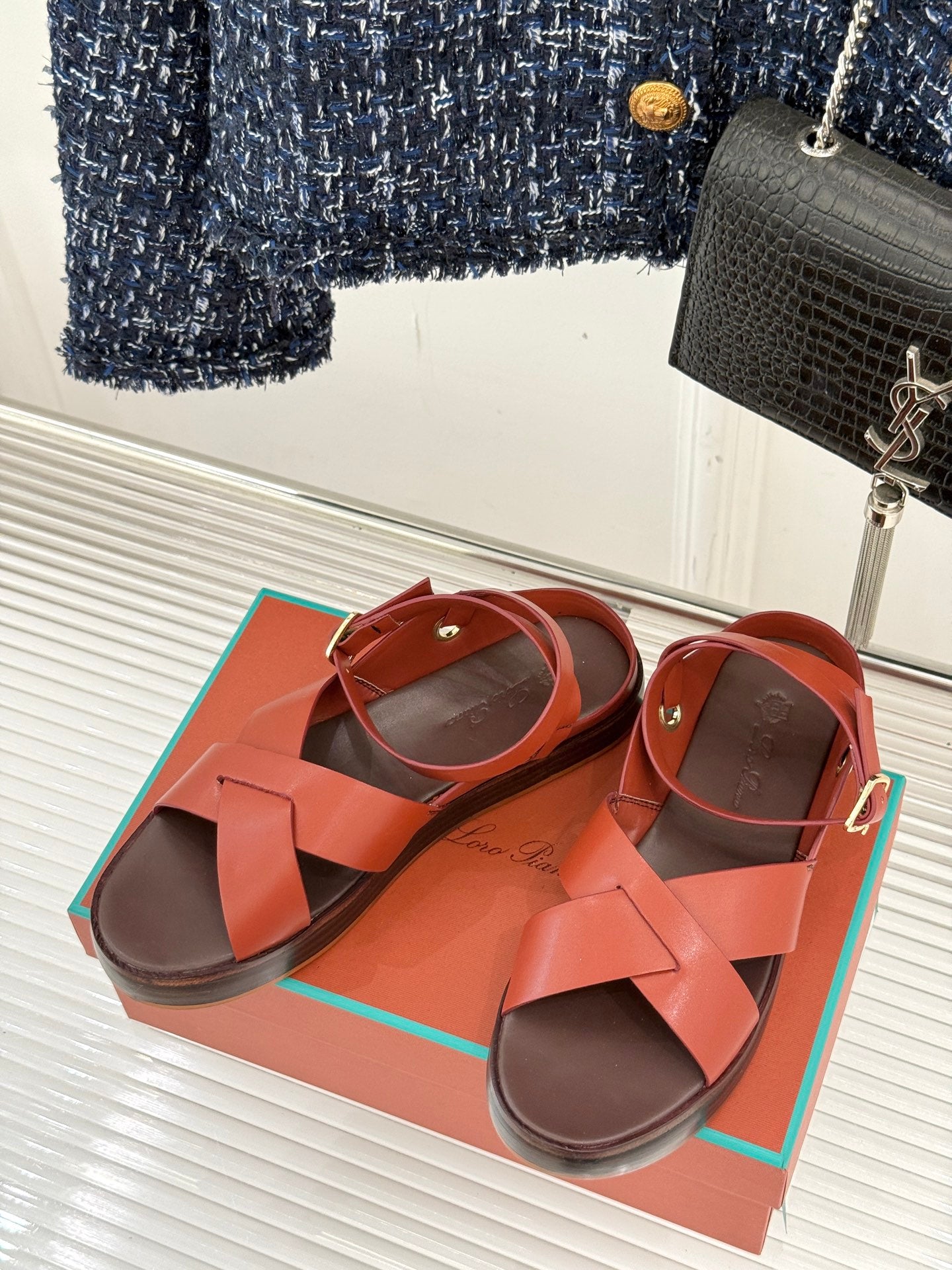 SANDALS THICK SOLE CROSS STRAP IN BURNT ORANGE AND BROWN CALFSKIN - 35