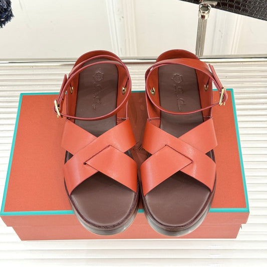 SANDALS THICK SOLE CROSS STRAP IN BURNT ORANGE AND BROWN CALFSKIN - 35
