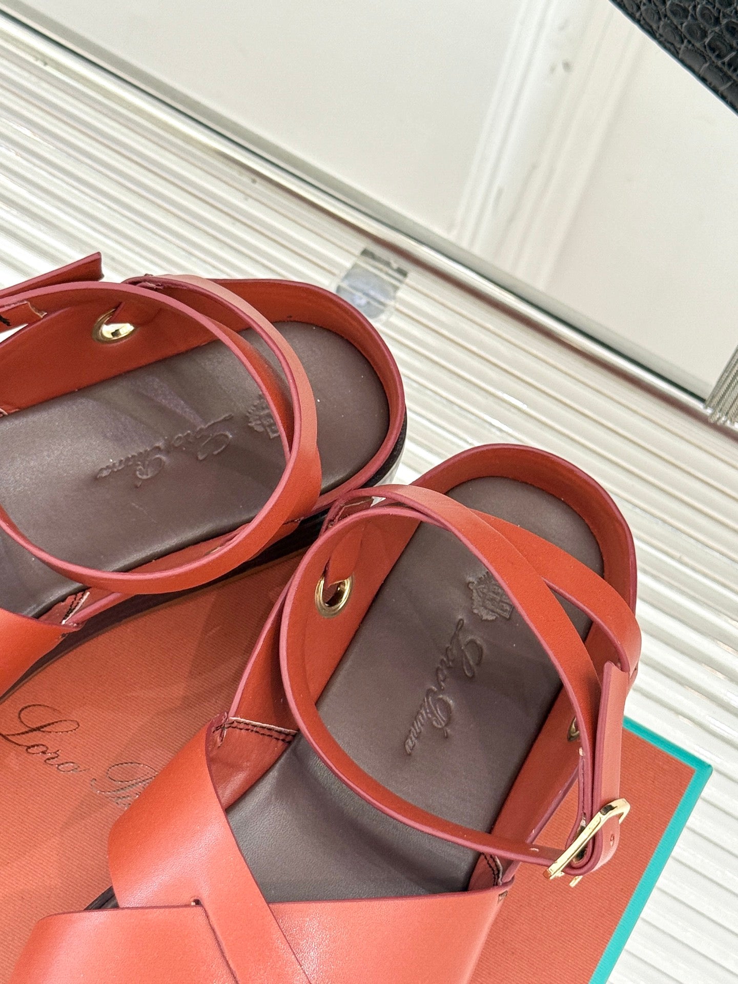 SANDALS THICK SOLE CROSS STRAP IN BURNT ORANGE AND BROWN CALFSKIN - 35