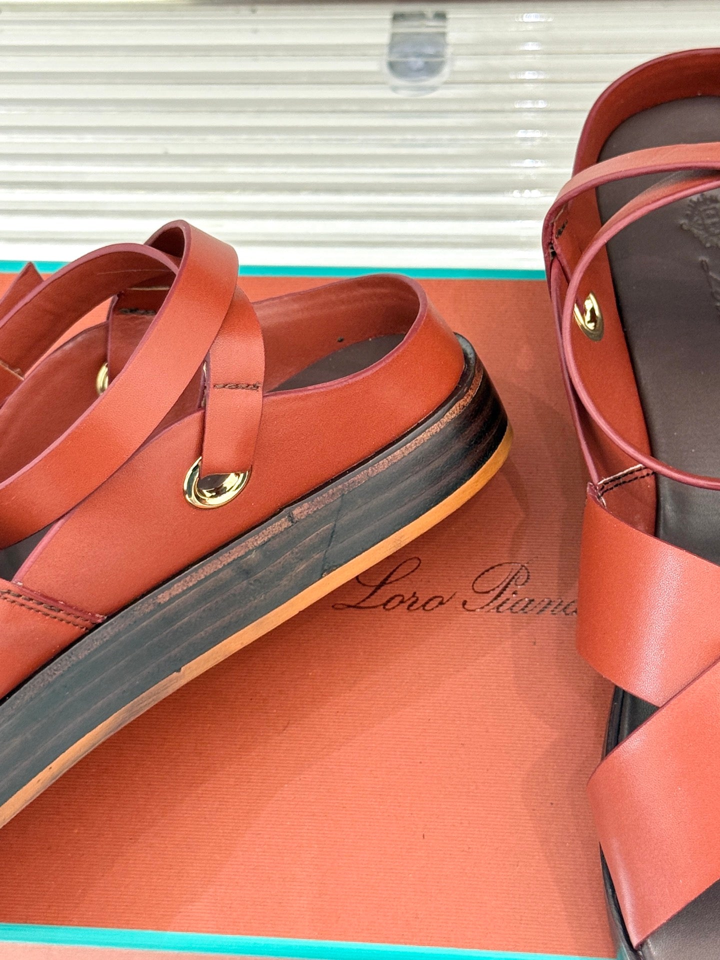 SANDALS THICK SOLE CROSS STRAP IN BURNT ORANGE AND BROWN CALFSKIN - 35
