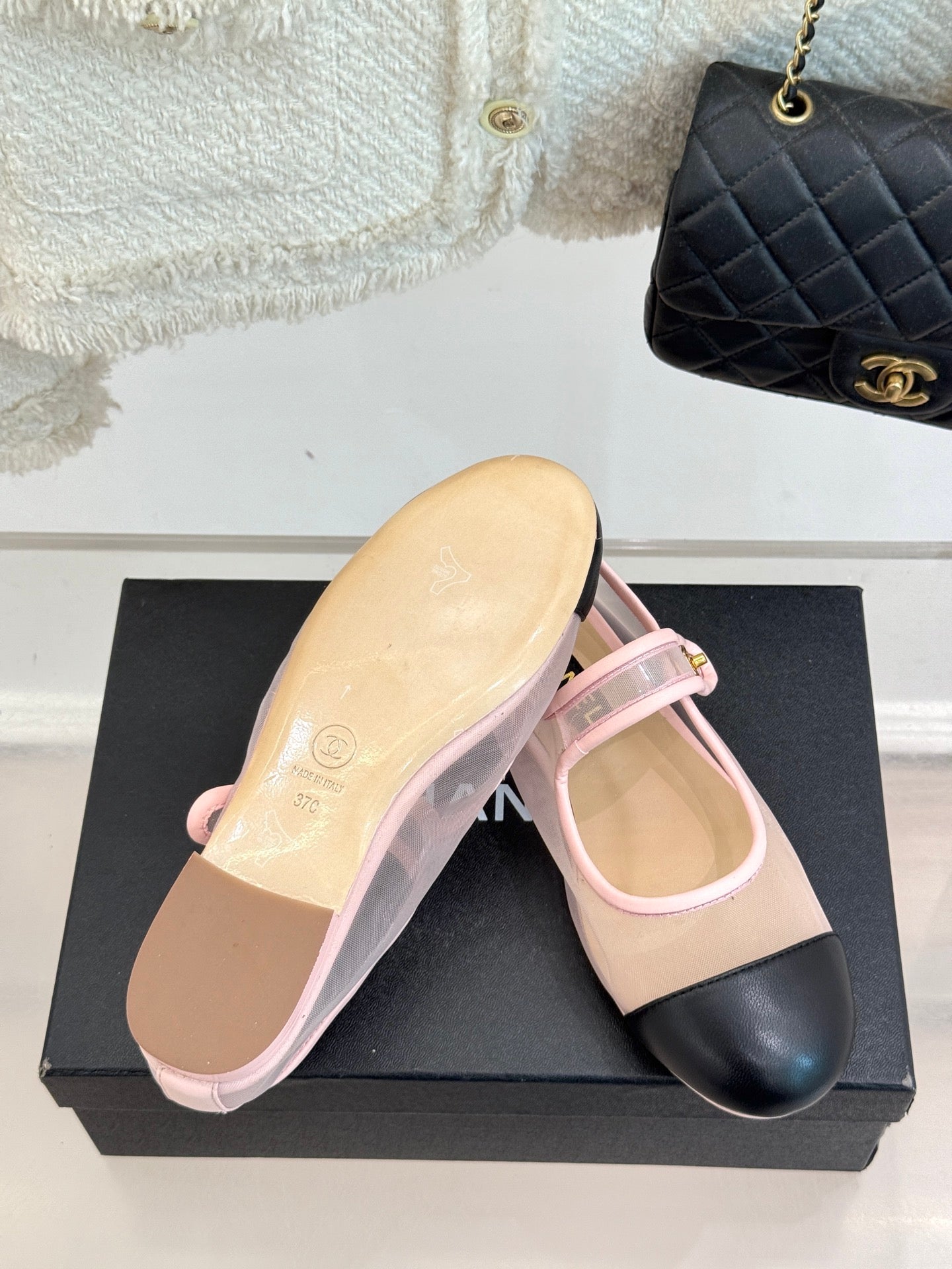 FLAT SHOES IN PINK MESH AND BLACK LAMBSKIN - 35