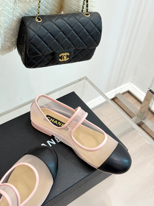FLAT SHOES IN PINK MESH AND BLACK LAMBSKIN - 35