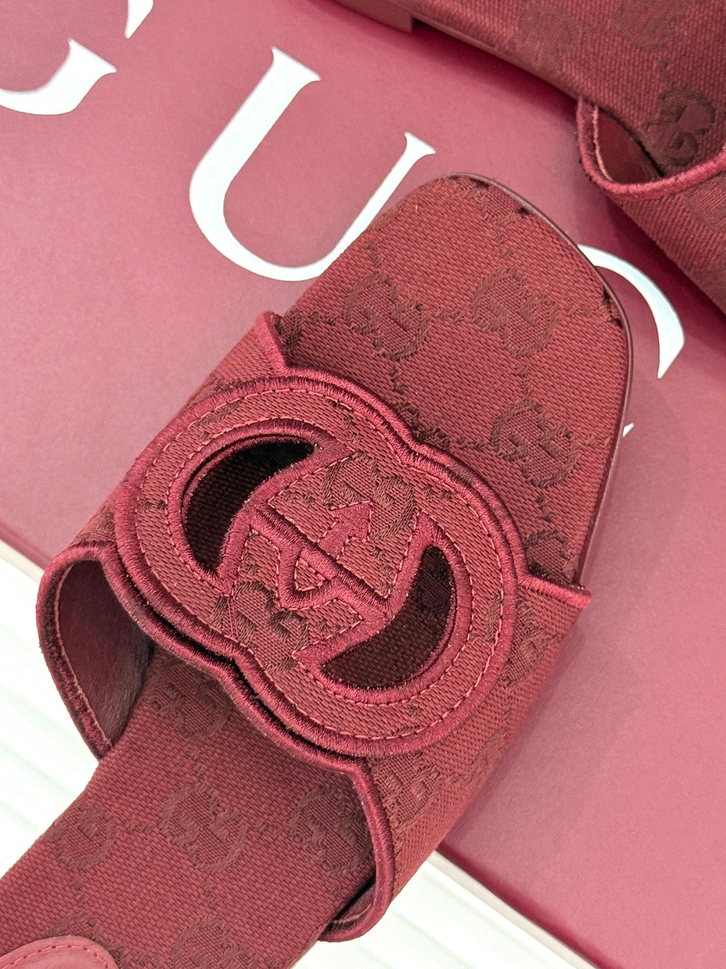 SLIDE SANDALS IN RED FABRIC EMBOSSED LOGO STYLE 4 - 35