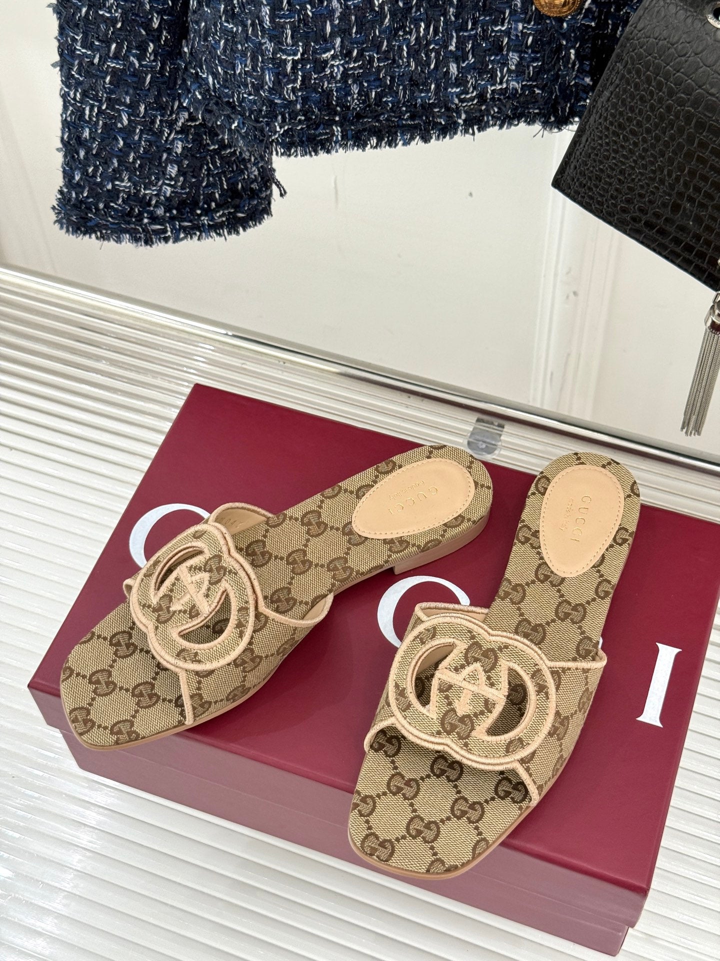 SLIDE SANDALS IN DARK BEIGE FABRIC EMBOSSED LOGO STYLE 3 - 35
