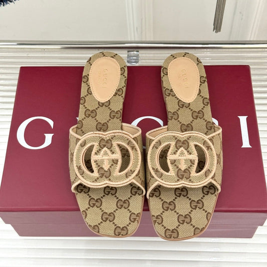 SLIDE SANDALS IN DARK BEIGE FABRIC EMBOSSED LOGO STYLE 3 - 35