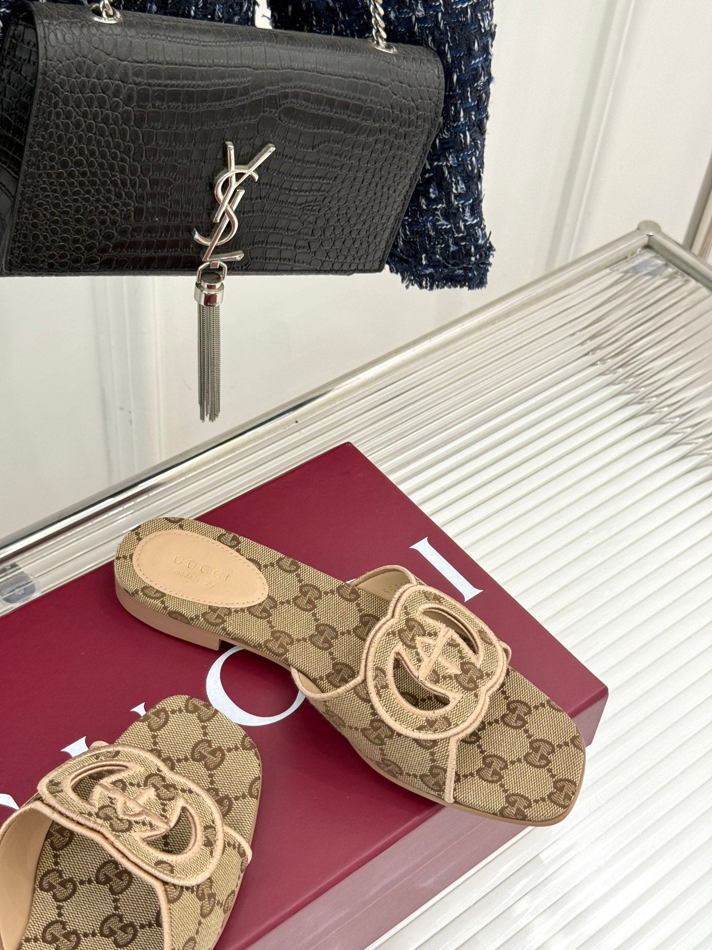 SLIDE SANDALS IN DARK BEIGE FABRIC EMBOSSED LOGO STYLE 3 - 35