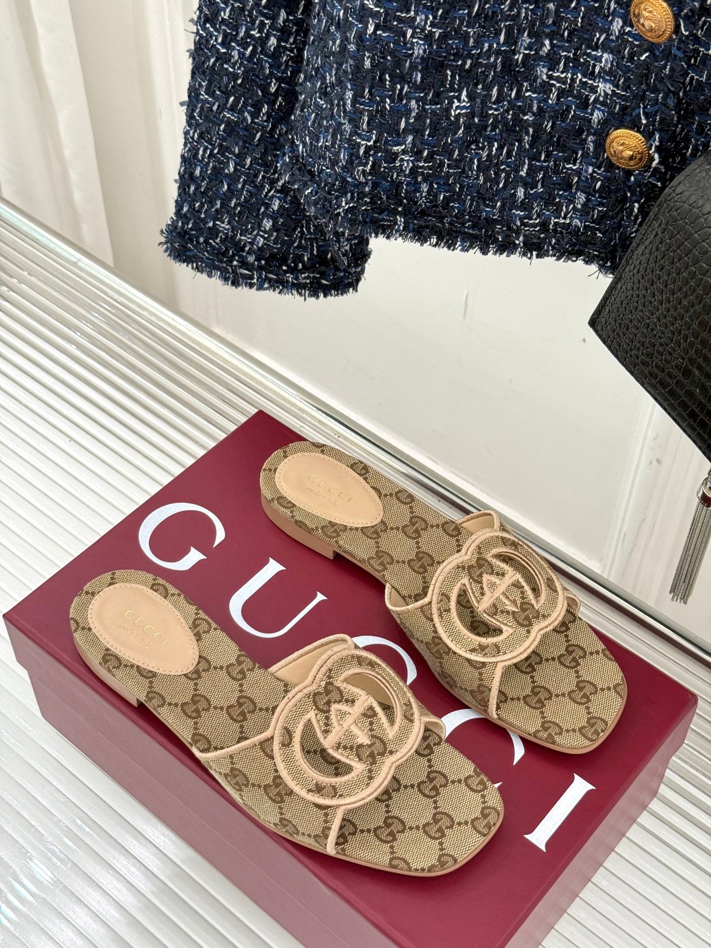 SLIDE SANDALS IN DARK BEIGE FABRIC EMBOSSED LOGO STYLE 3 - 35