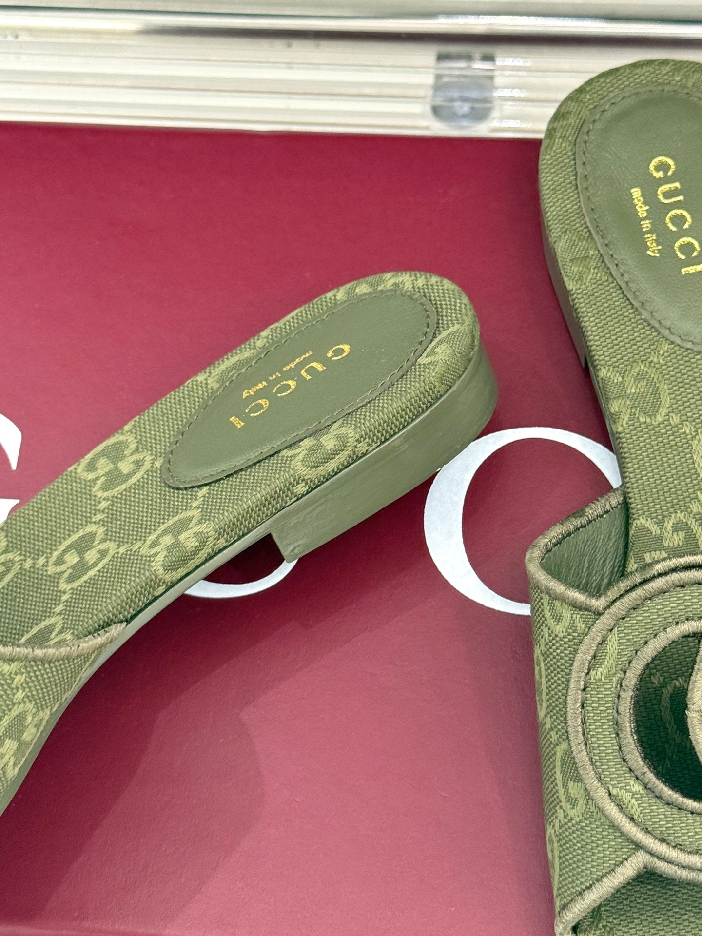 SLIDE SANDALS IN MOSS GREEN FABRIC EMBOSSED LOGO STYLE 2 - 35