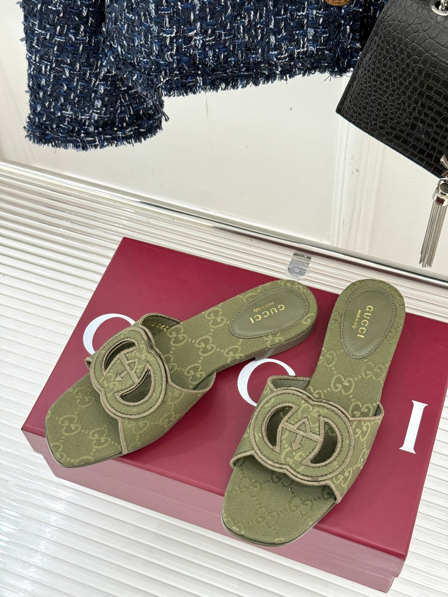 SLIDE SANDALS IN MOSS GREEN FABRIC EMBOSSED LOGO STYLE 2 - 35