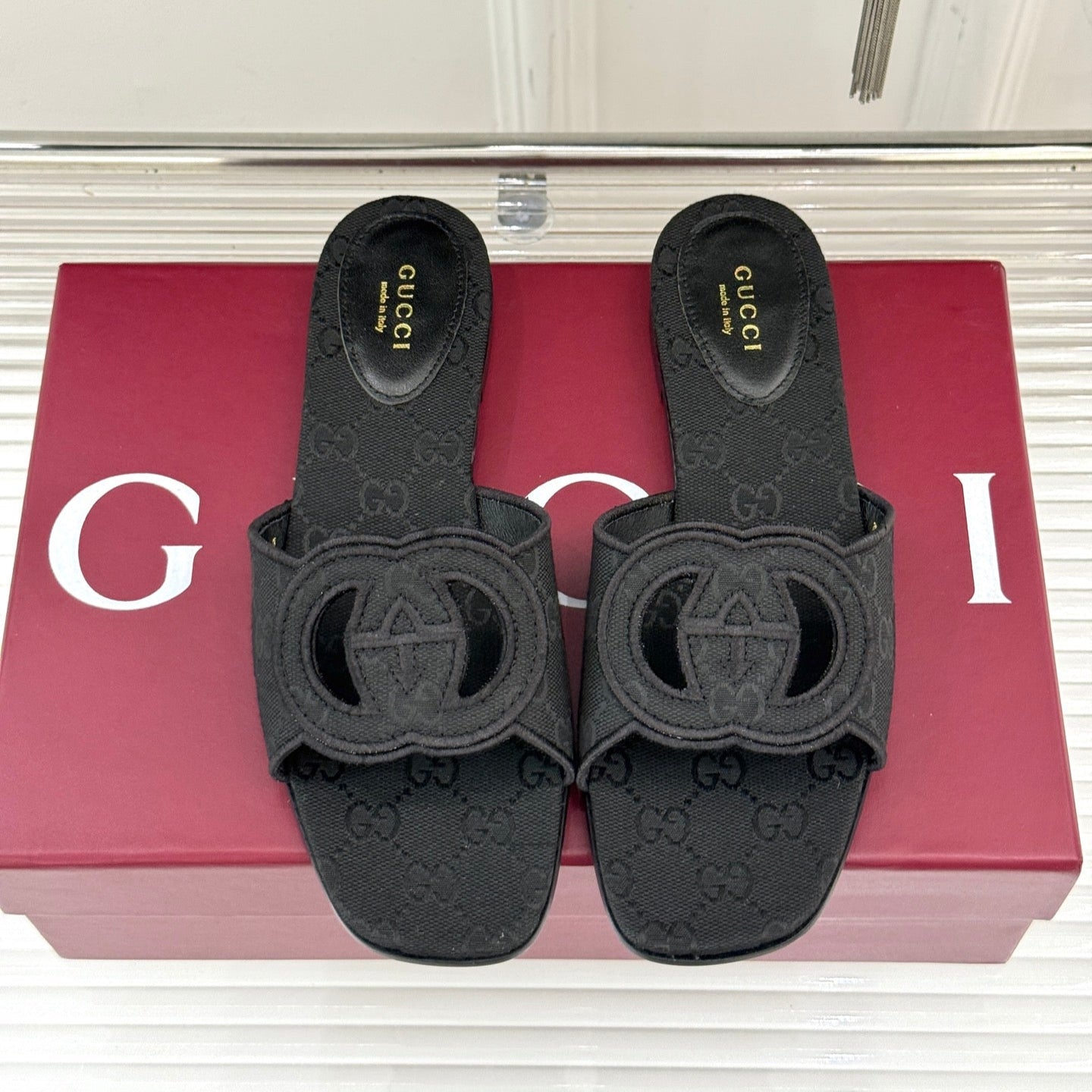 SLIDE SANDALS IN BLACK FABRIC EMBOSSED LOGO STYLE 1 - 35
