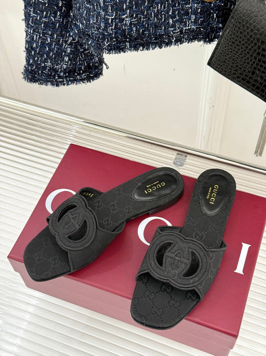 SLIDE SANDALS IN BLACK FABRIC EMBOSSED LOGO STYLE 1 - 35