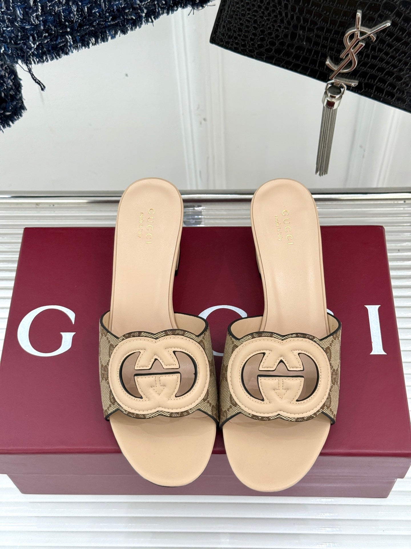 MID-HEEL MULE IN BEIGE CALFSKIN AND FABRIC - 35