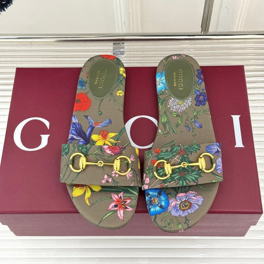 SLIDE SANDALS IN WARM BEIGE FABRIC FLORAL AND LEAF PRINT - 35