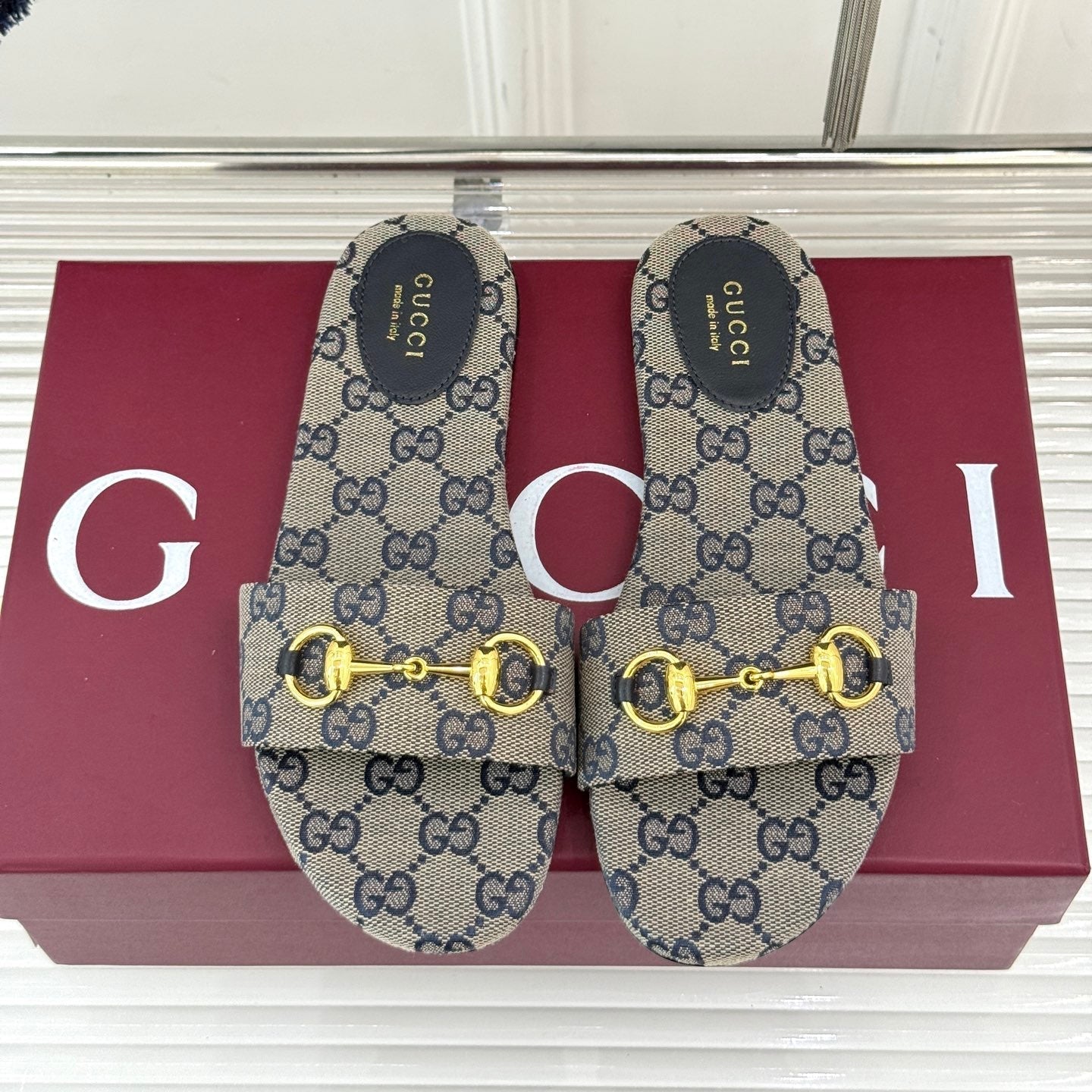 SLIDE SANDALS IN WARM BEIGE FABRIC EMBOSSED LOGO - 35
